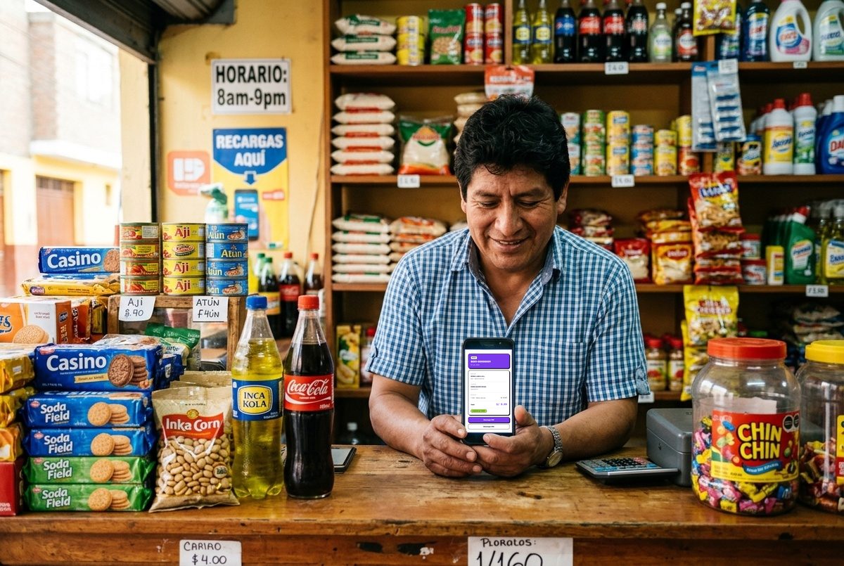 Dueño de una bodega peruana emitiendo una boleta desde su celular, detrás del mostrador con sus productos