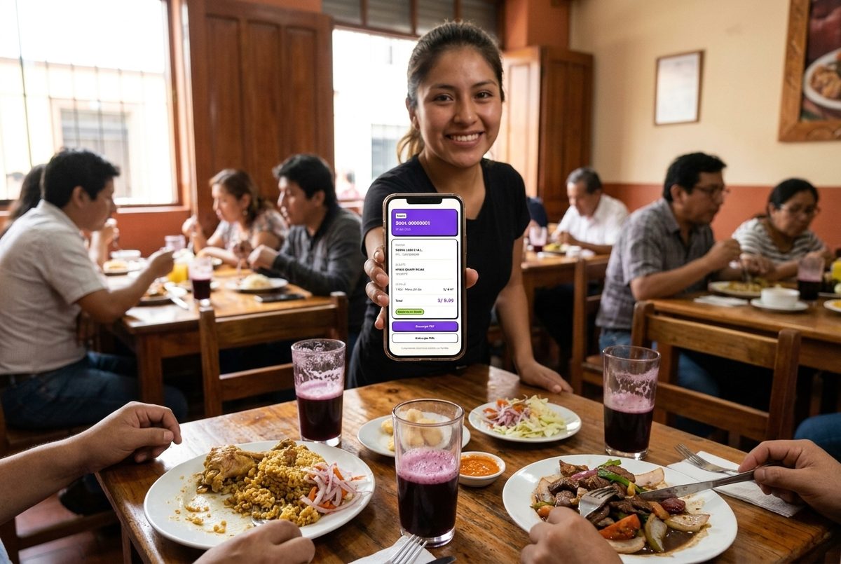 Mesera de un restaurante peruano mostrando en su celular una boleta electrónica emitida con FacNow y aceptada por SUNAT